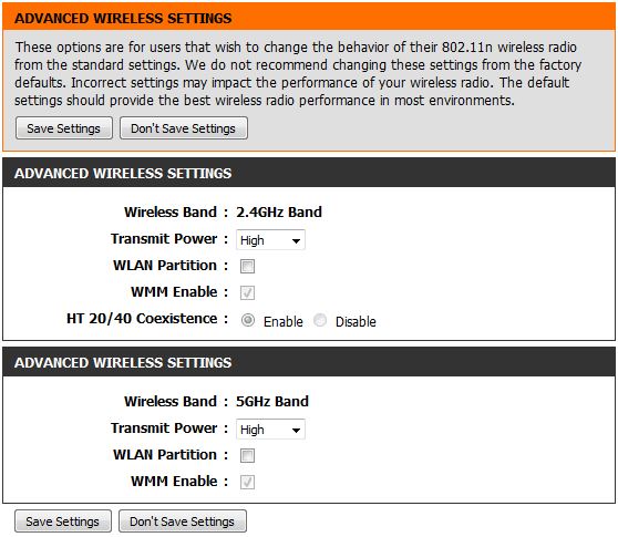 DIR-868L Advanced Wireless settings