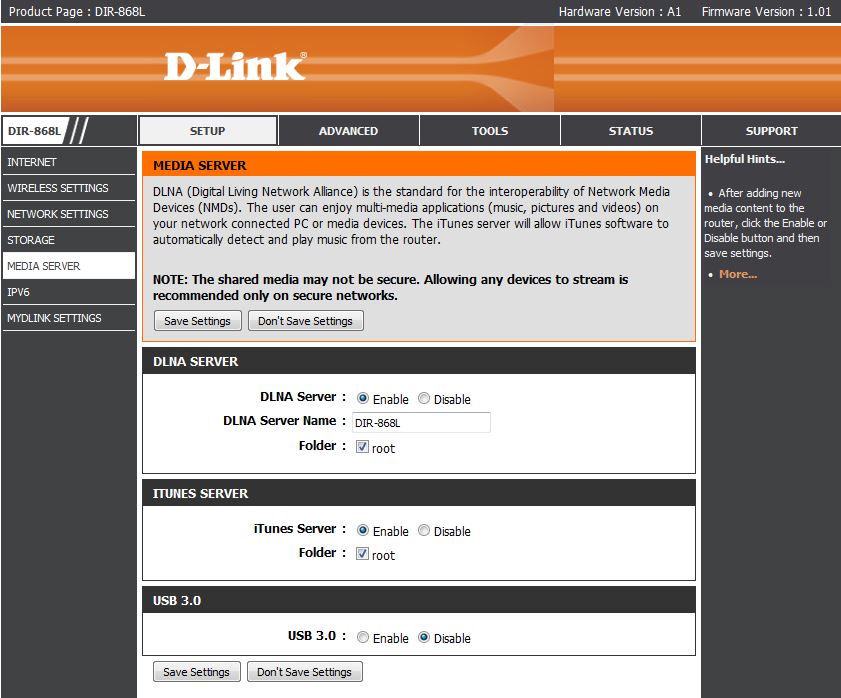 The admin pane for controlling the media server. Note that there is no scheduled scan or media transcoders