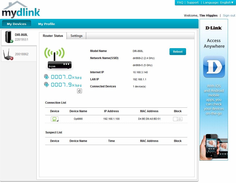 mydlink Router Status