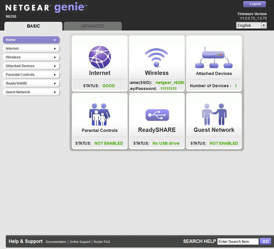 NETGEAR R6250 Basic Home screen