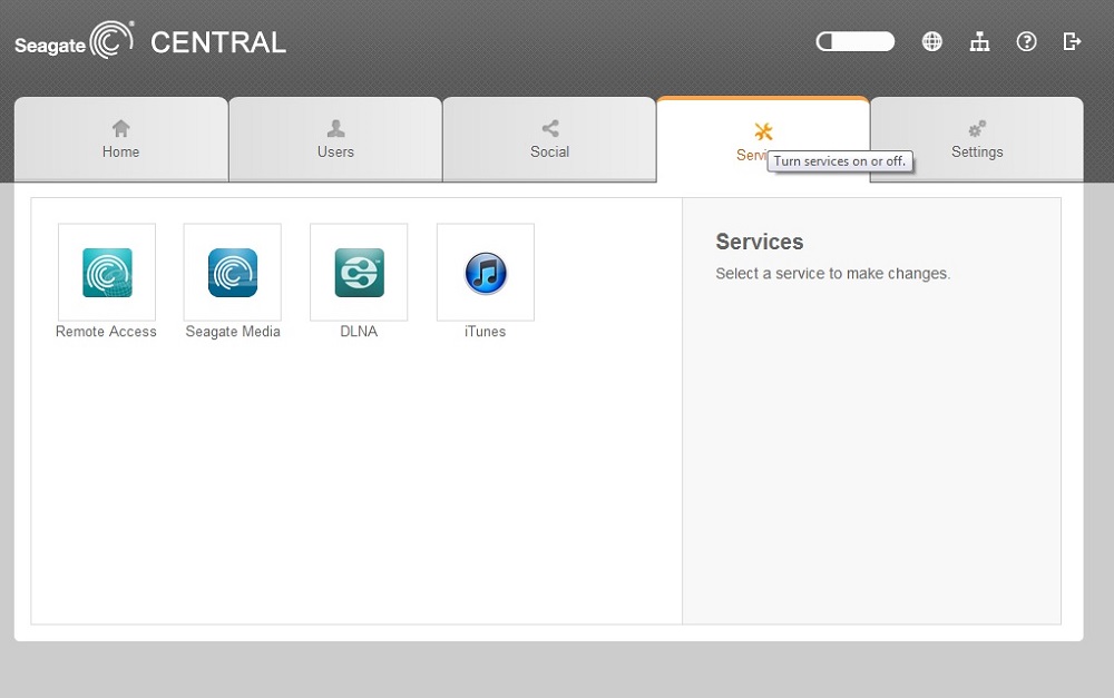 Seagate Central Services Screen showing features