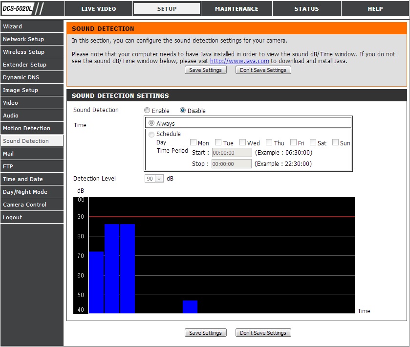Sound Detection configuration screen