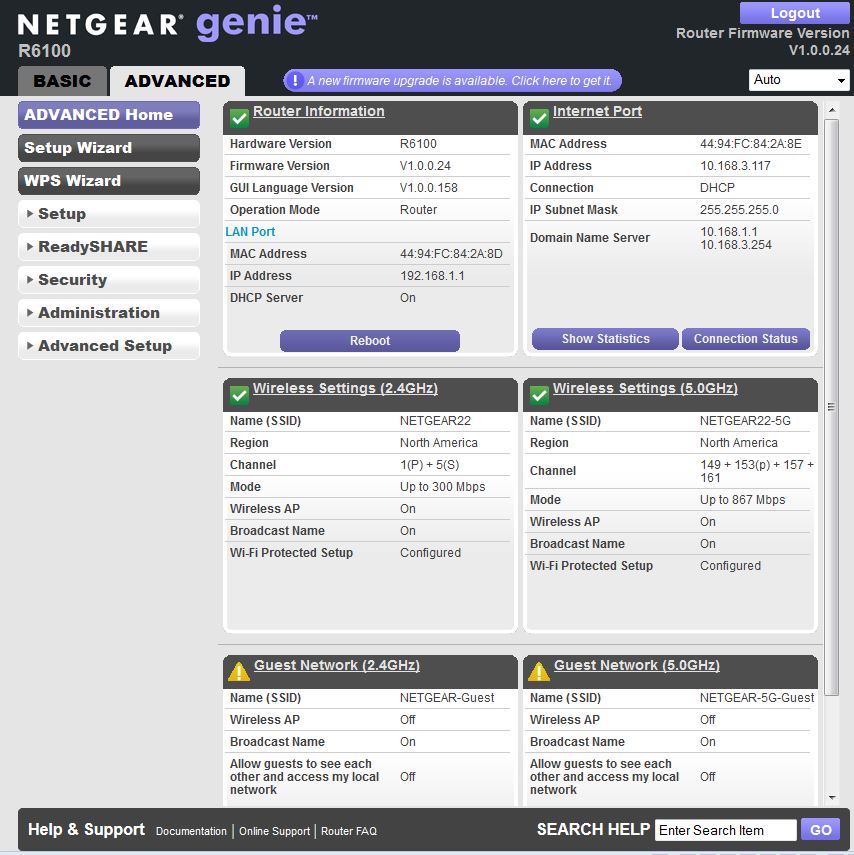 NETGEAR R6100 Advanced Home screen