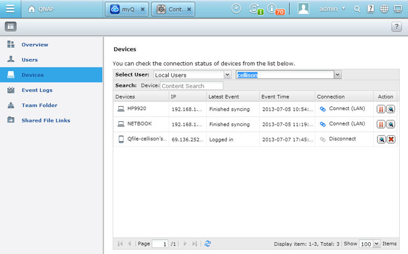 QSync Devices shows three devices for user "cellison"