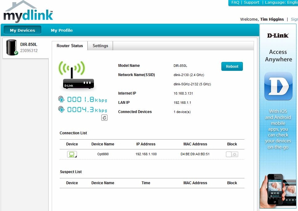 mydlink router status