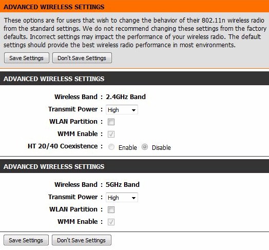 DIR-850L Advanced Wireless settings