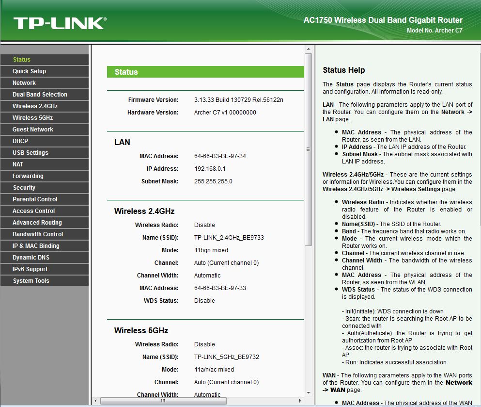 TP-LINK Archer C7 Status page