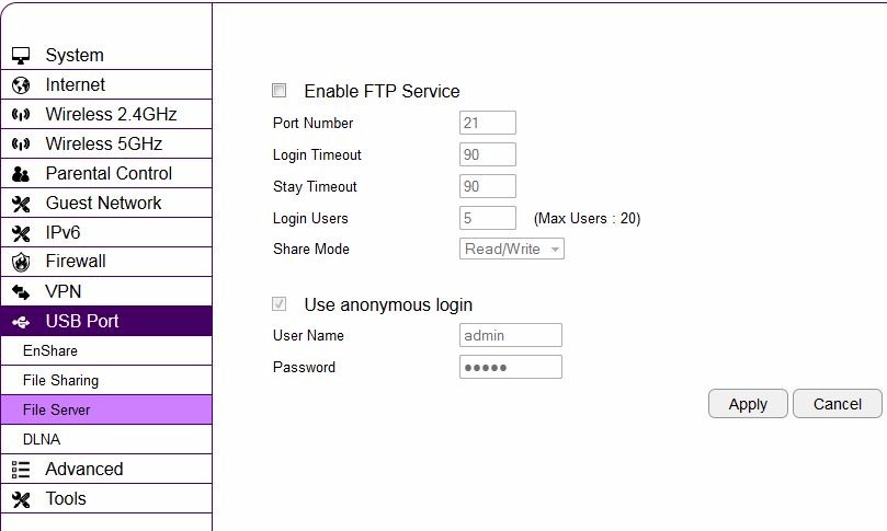 EnGenius ESR1200 File Server (FTP) controls