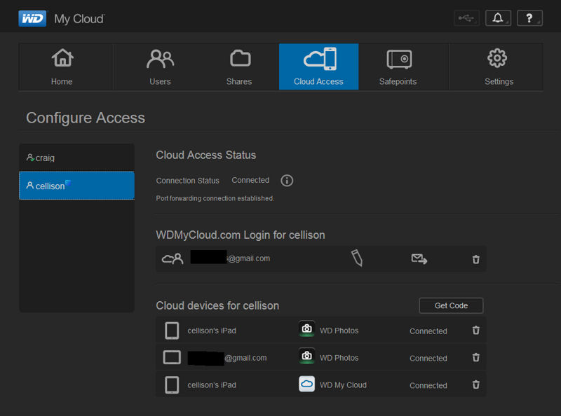 WD My Cloud Cloud Access menu