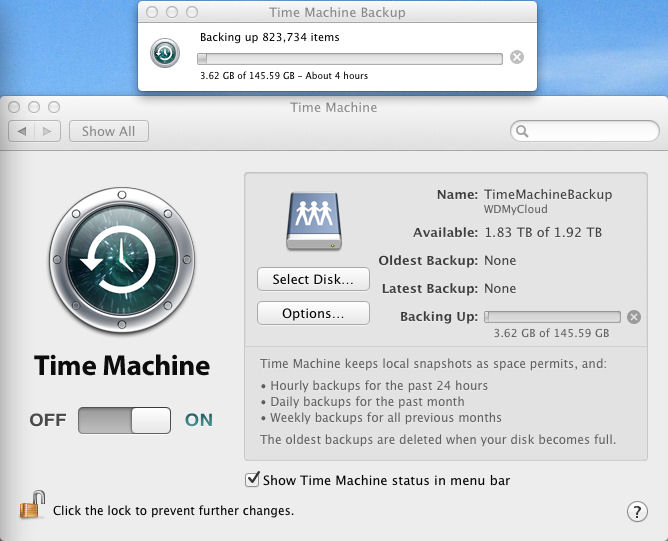 Time Machine backup in progress using a sharre on the My Cloud NAS