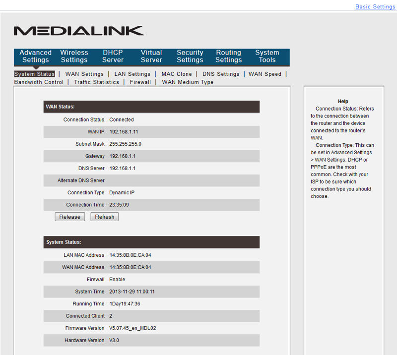Medialink MWN-WAPR300N System Status