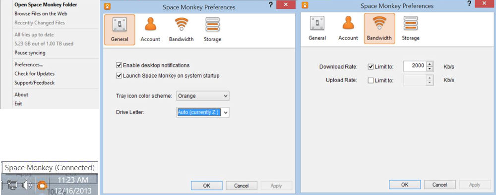 Space Monkey system tray icon, menu and preferences Space Monkey system tray icon, menu and preferences