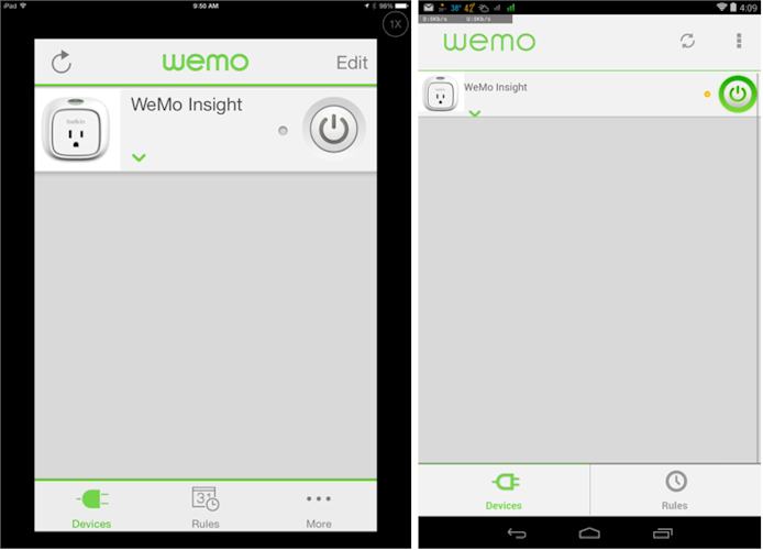 Insight Landing Page for the iOS (left) and Android (right) WeMo App