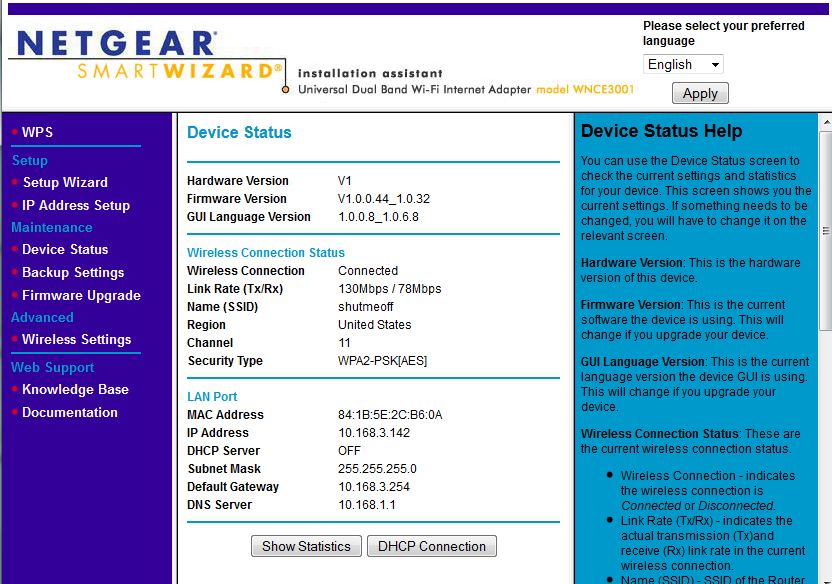 NETGEAR WNCE3001 Status screen