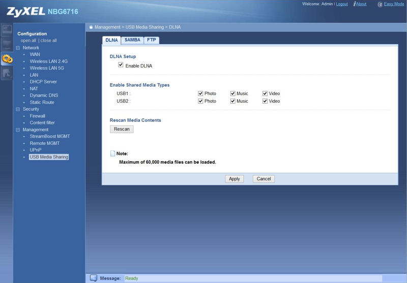 ZyXEL NBG6717 DLNA configuration