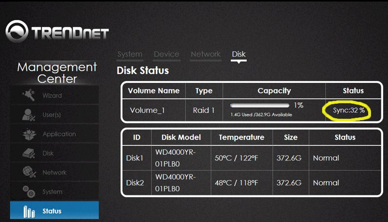 TRENDnet TN-200 Disk Status showing RAID 1 rebuild
