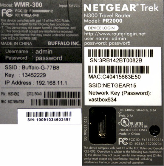 Labels for the WMR-300 (left) and the NETGEAR PR2000 (right)