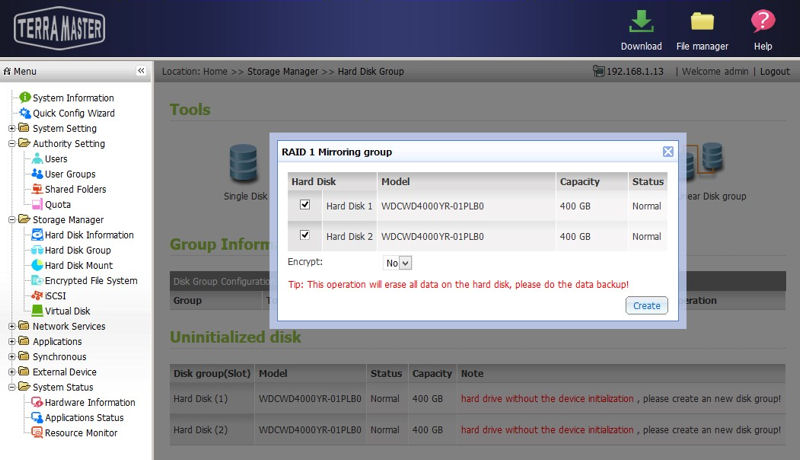 Terramaster F2- NAS 2 create disk group