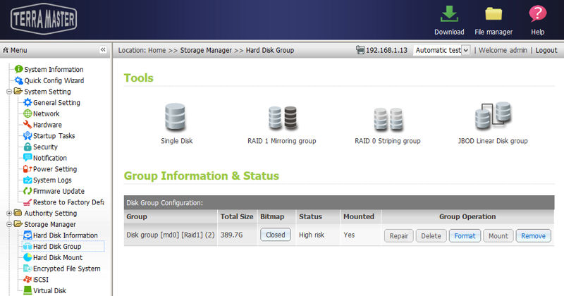 TerraMaster F2-NAS 2 Hark Disk Group showing RAID 1 array at high risk