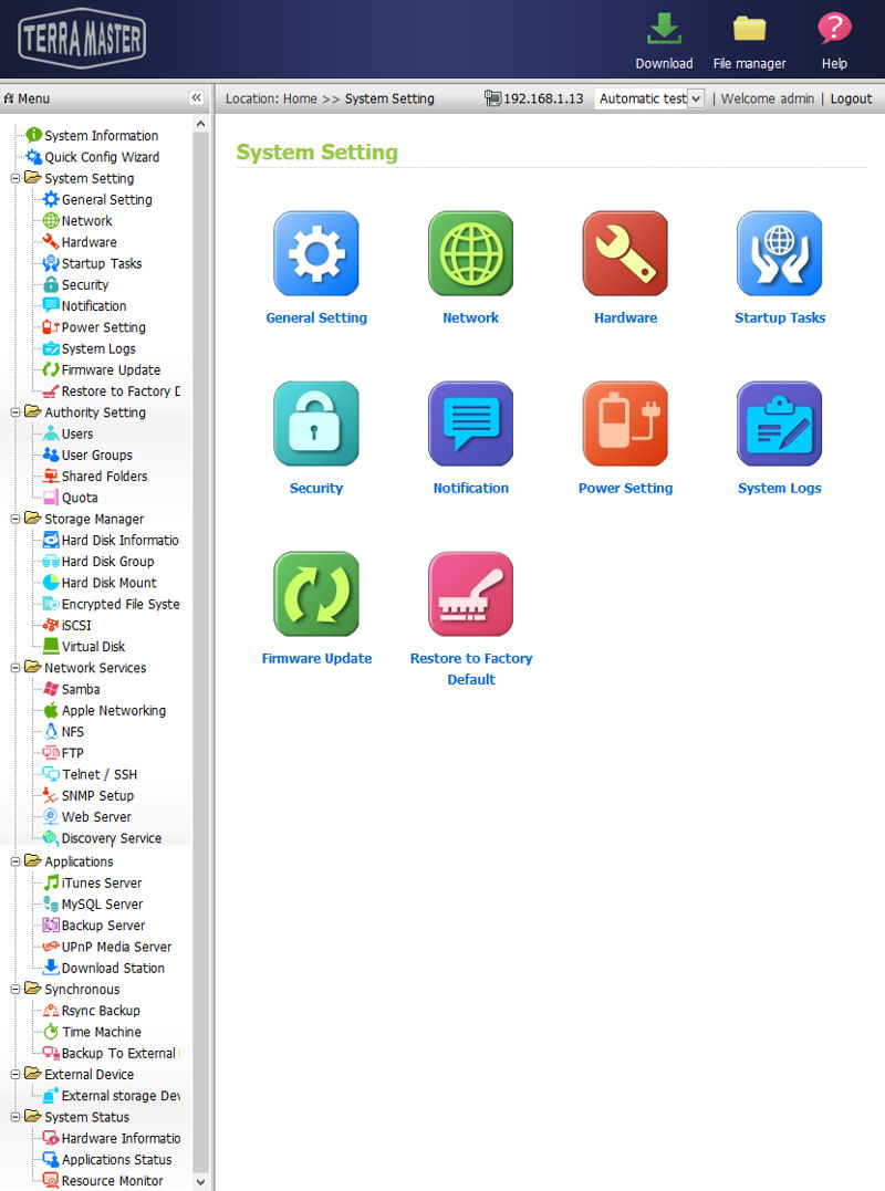 TerraMaster F2-NAS 2 menu tree