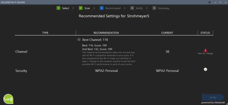 MetaGeek inSSIDer Wi-Fi Helper recommended change