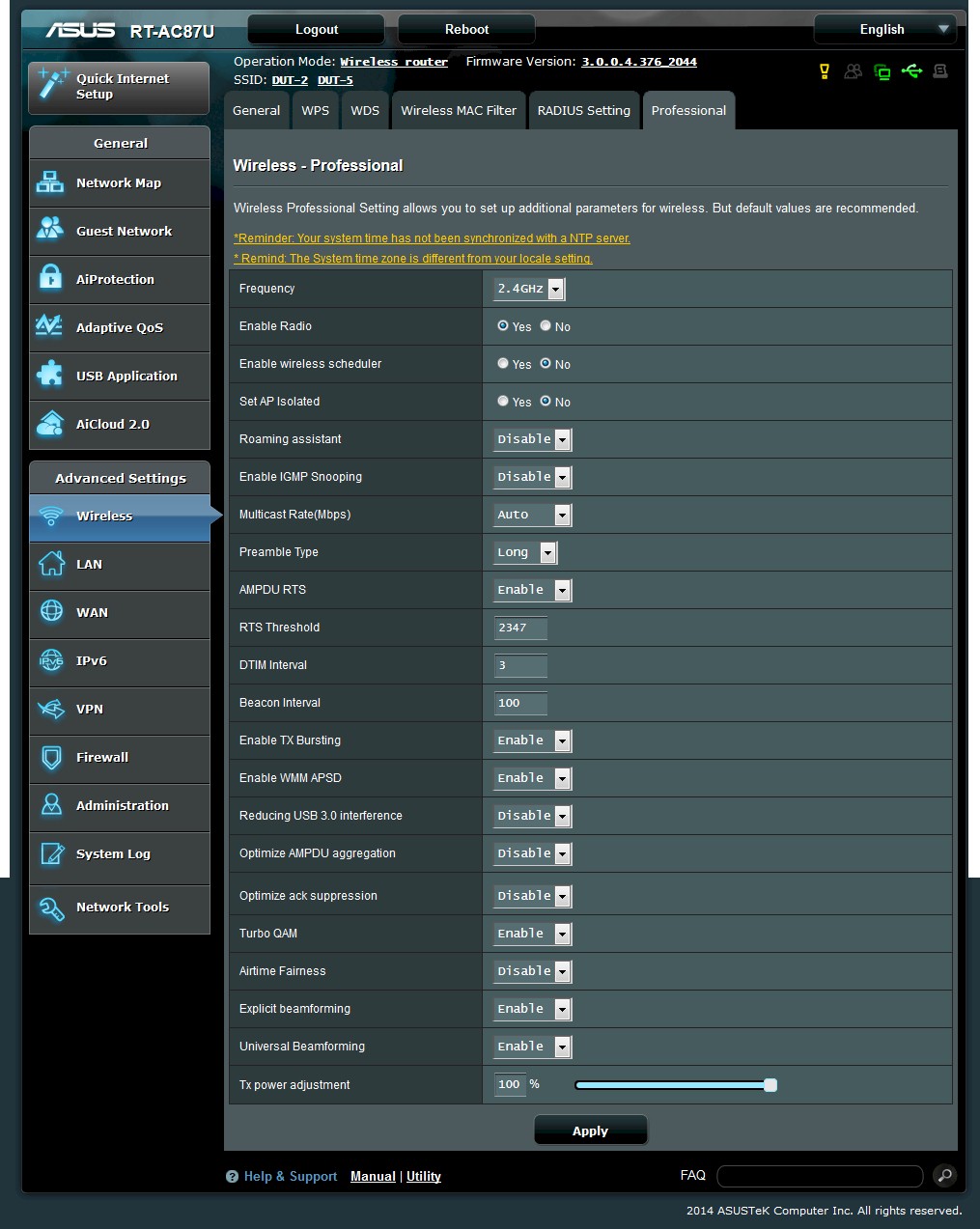 2.4 GHz Advanced Wireless settings