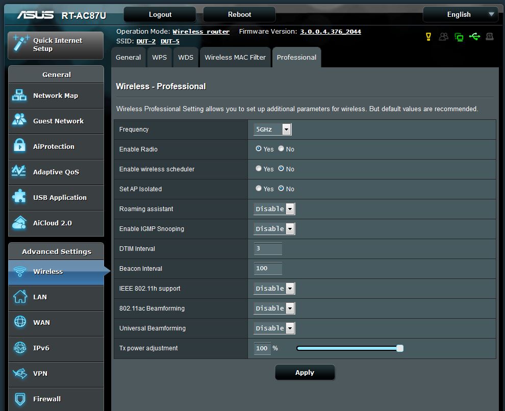 5 GHz Advanced Wireless settings