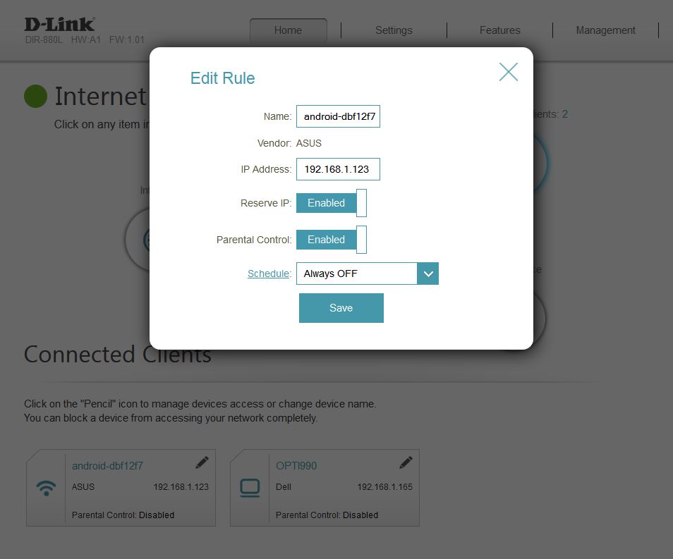 Hidden DHCP reservation and Parental Control settings