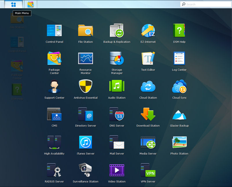 Synology DiskStation DSM 5.0 Main Menu