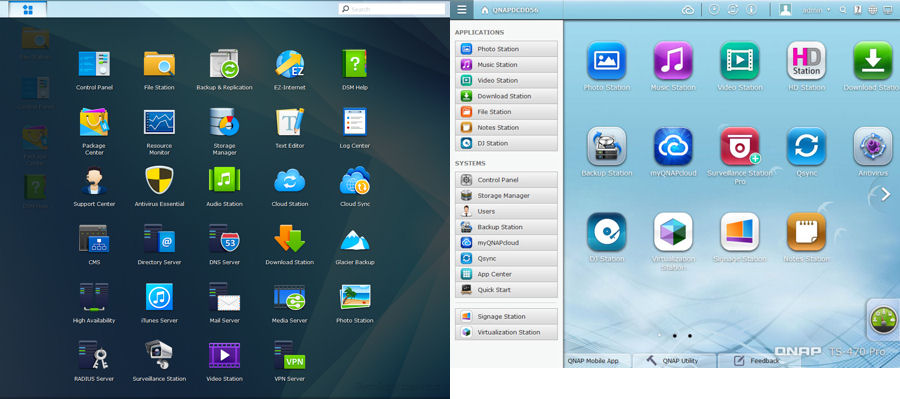 Comparison of Synology DSM 5.0 (left) and QNAP QTS 4.1 (right) main menu