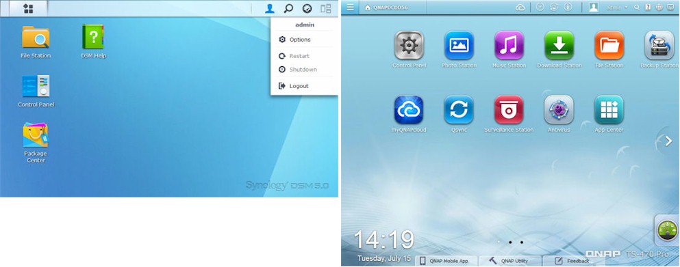 Synology's DSM 5.0 (left) vs QNAP's QTS 4.1 (right) default desktops