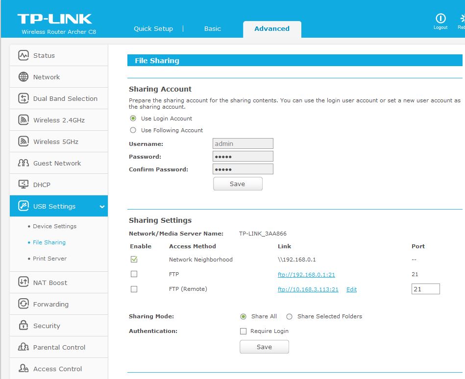 TP-LINK Archer C8 USB file sharing