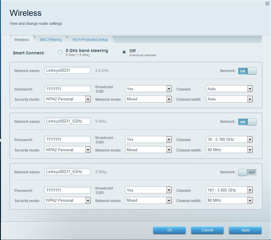 Wireless Settings- band steering enabled