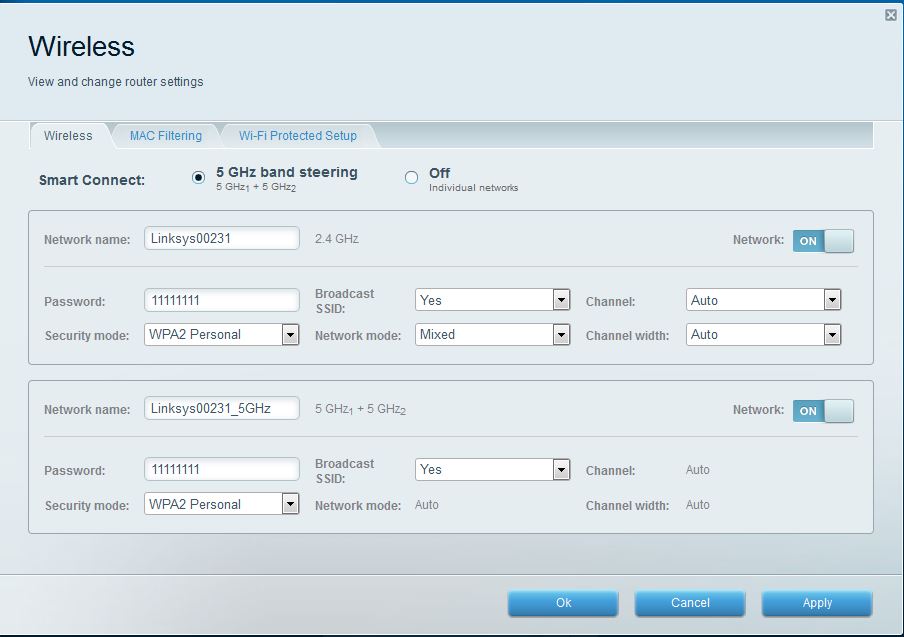 Wireless Settings- band steering enabled