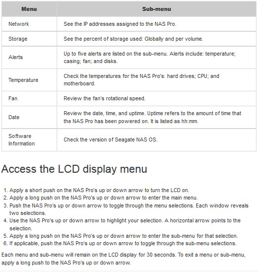 Seagate NAS Pro (4 & 6 bay models) LCD Menu