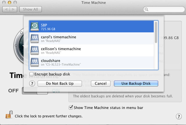 Select Time Machine target from Time Machine Preferences
