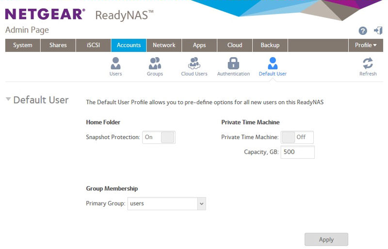 NETGEAR ReadyNAS OS6.2 User Profile Defaults