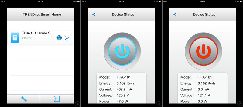 TRENDnet THA-101 mobile app Home page and Device Status pages