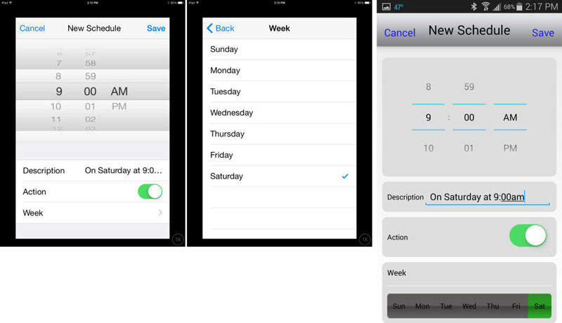 TRENDnet THA-101 schedule creation with iOS (left and center) and Android (right) apps
