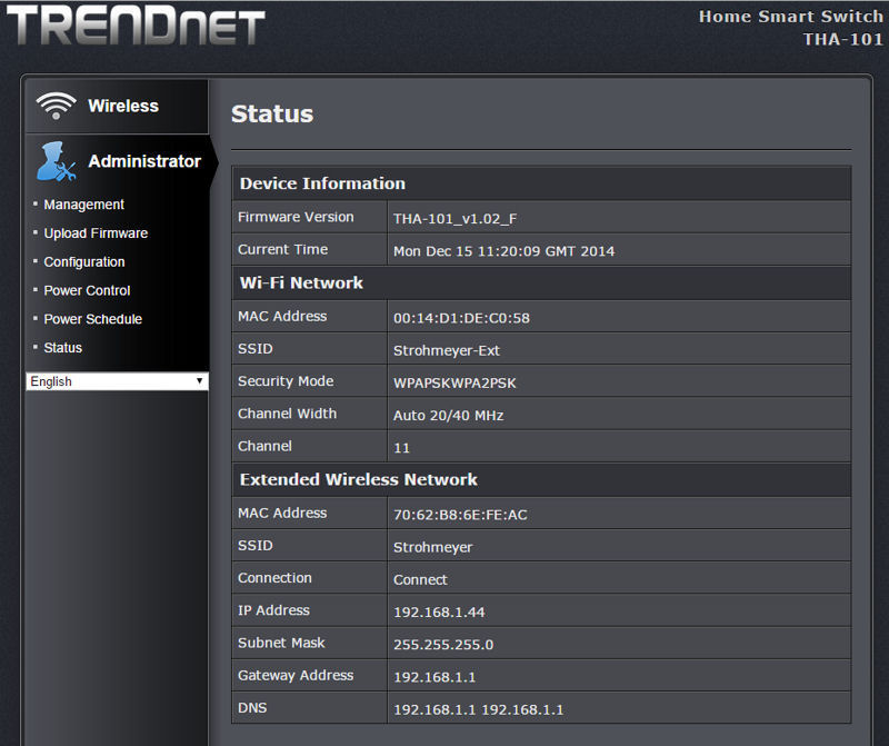 TRENDnet THA-101 Web UI status page