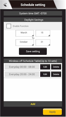 Wi-Fi scheduling screen