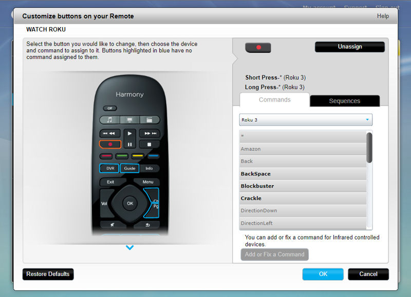 MyHarmony desktop application - Customize remote buttons