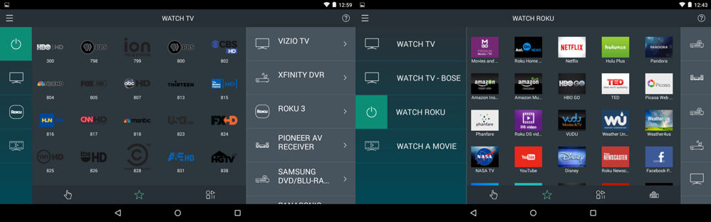 Harmony Home Hub favorites for Watch TV (left) and Watch Roku (right)