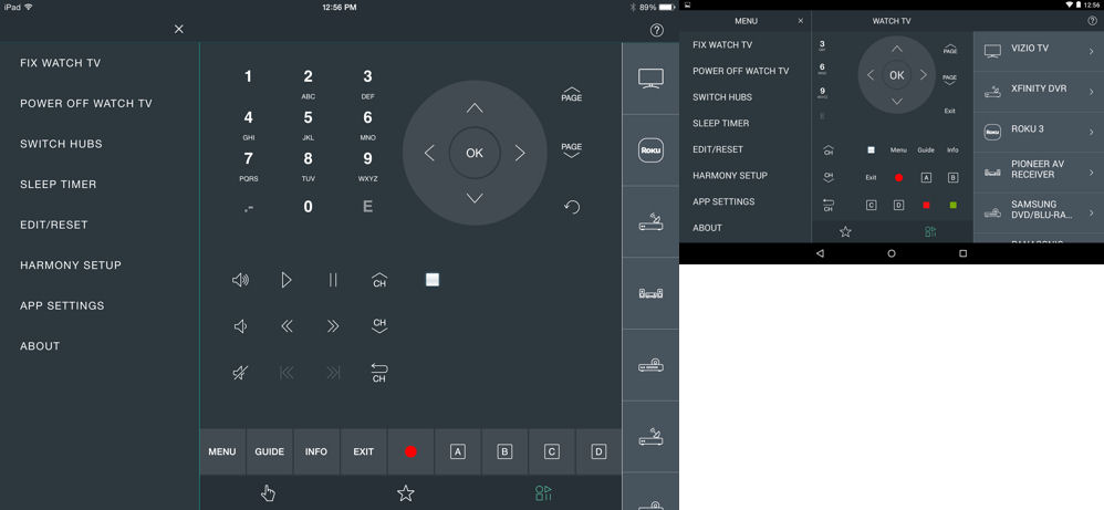 Harmony Home Hub Menu - iPad (left) and Nexus (right)