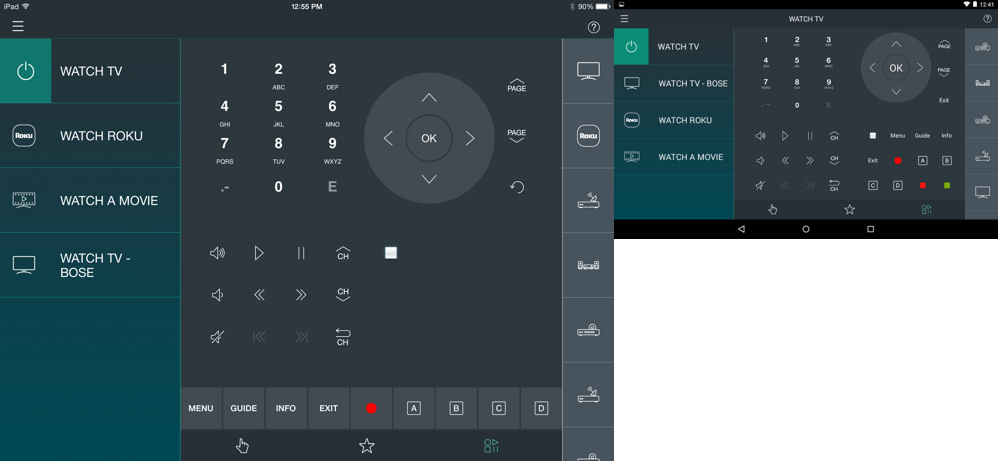 Harmony Home Hub Watch TV - iPad (left) and Nexus (right)