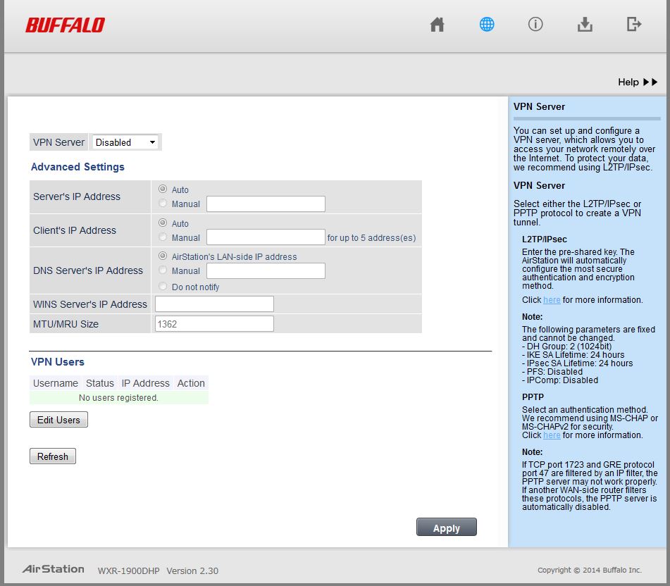 Buffalo SXR-1900DHP VPN configuration settings