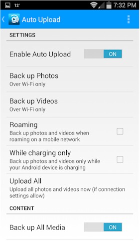 Auto Backup options inside the Seagate Media app