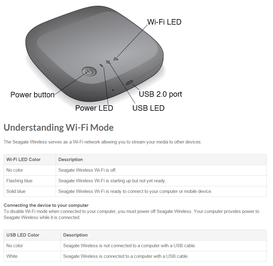 The lights, buttons and ports of the Seagate Wireless