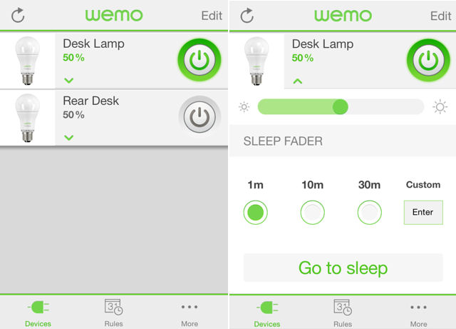 Belkin WeMo Landing page (l) and brightness page (r)