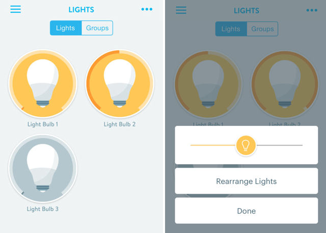 Wink Light page (l) and dimmer adjustment (r)